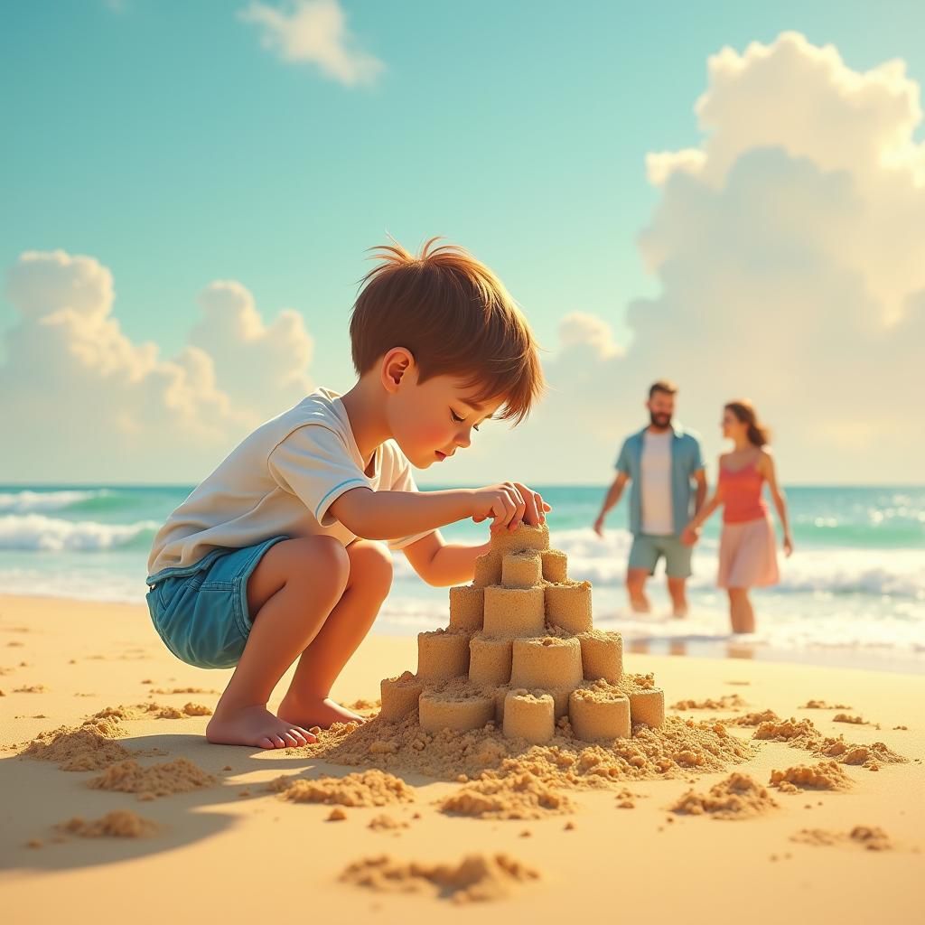 Toddler Builds Sandcastle on Beach in Detailed Matte Style