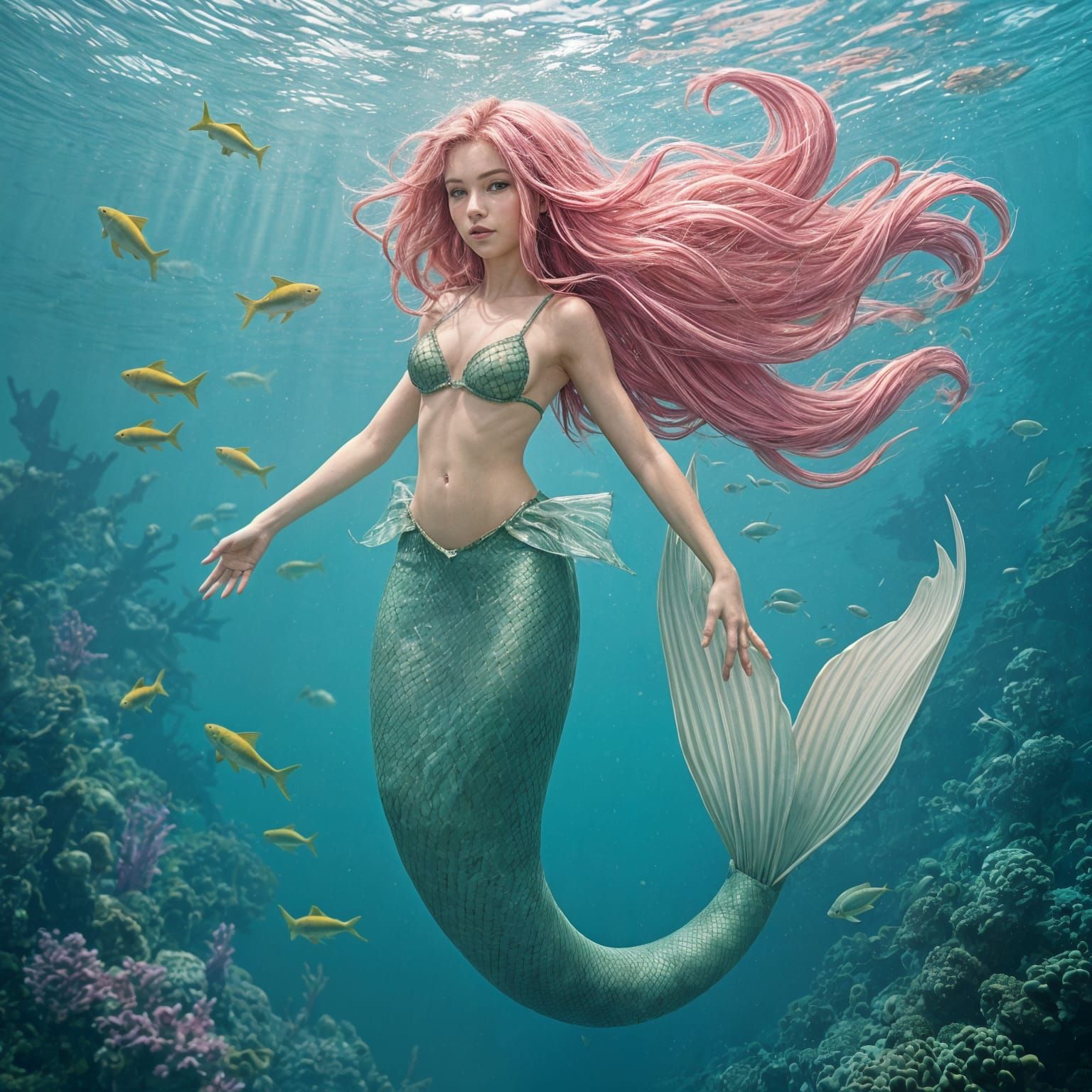 Mermaid in Art Nouveau Style with Iridescent Scales and Emer...