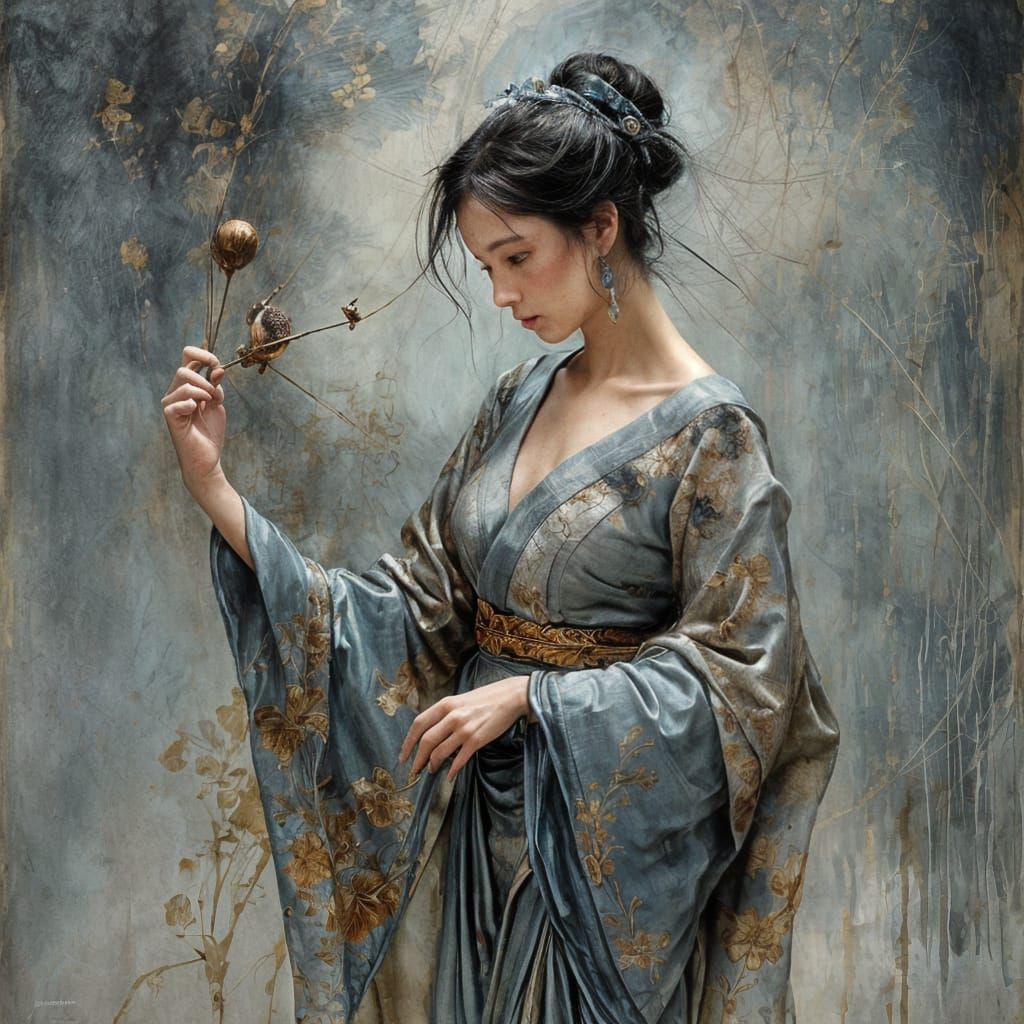 Geisha in Silk Dress as Impasto Painting