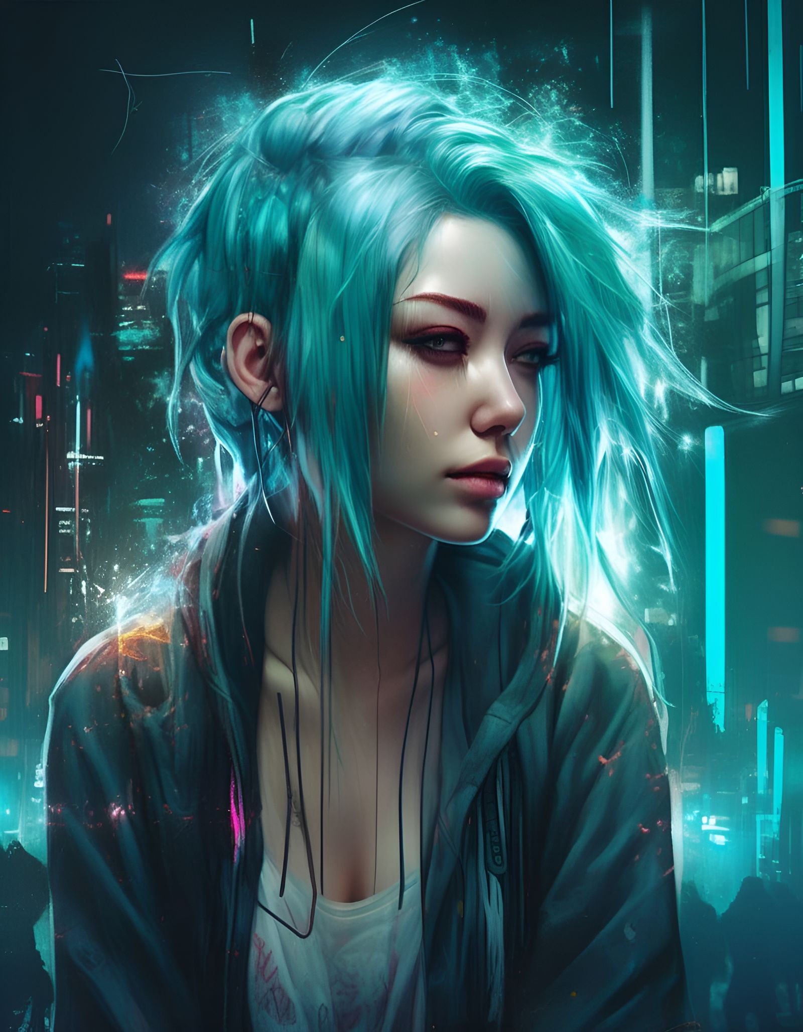 Neon Cyberpunk Mystery Girl Digital Illustration