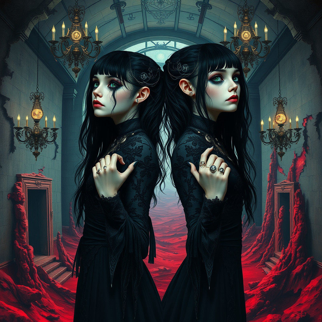 Gothic Twins in Haunted Mansion: Surreal Art Deco