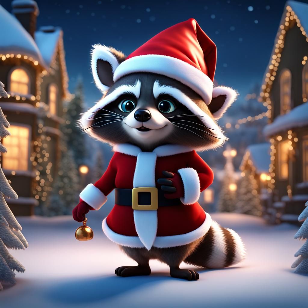 Cartoon Raccoon as Santa in Detailed Painting