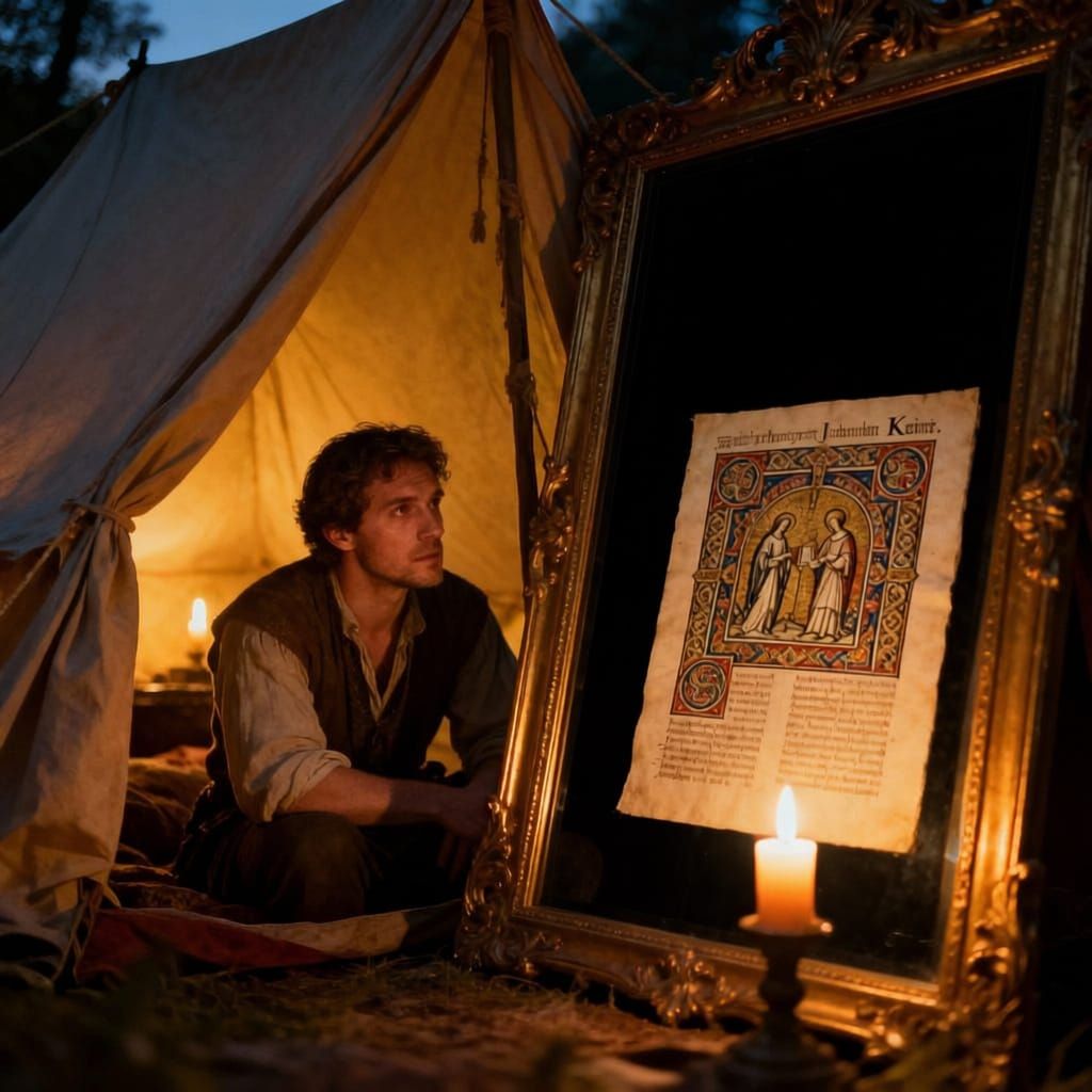 Man Gazes Through Mirror into Candlelit Book of Kells