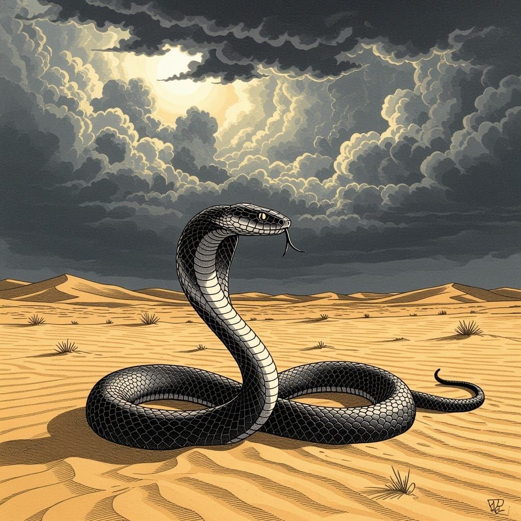 Lone Cobra in Desert Storm, Ink Crosshatching Style