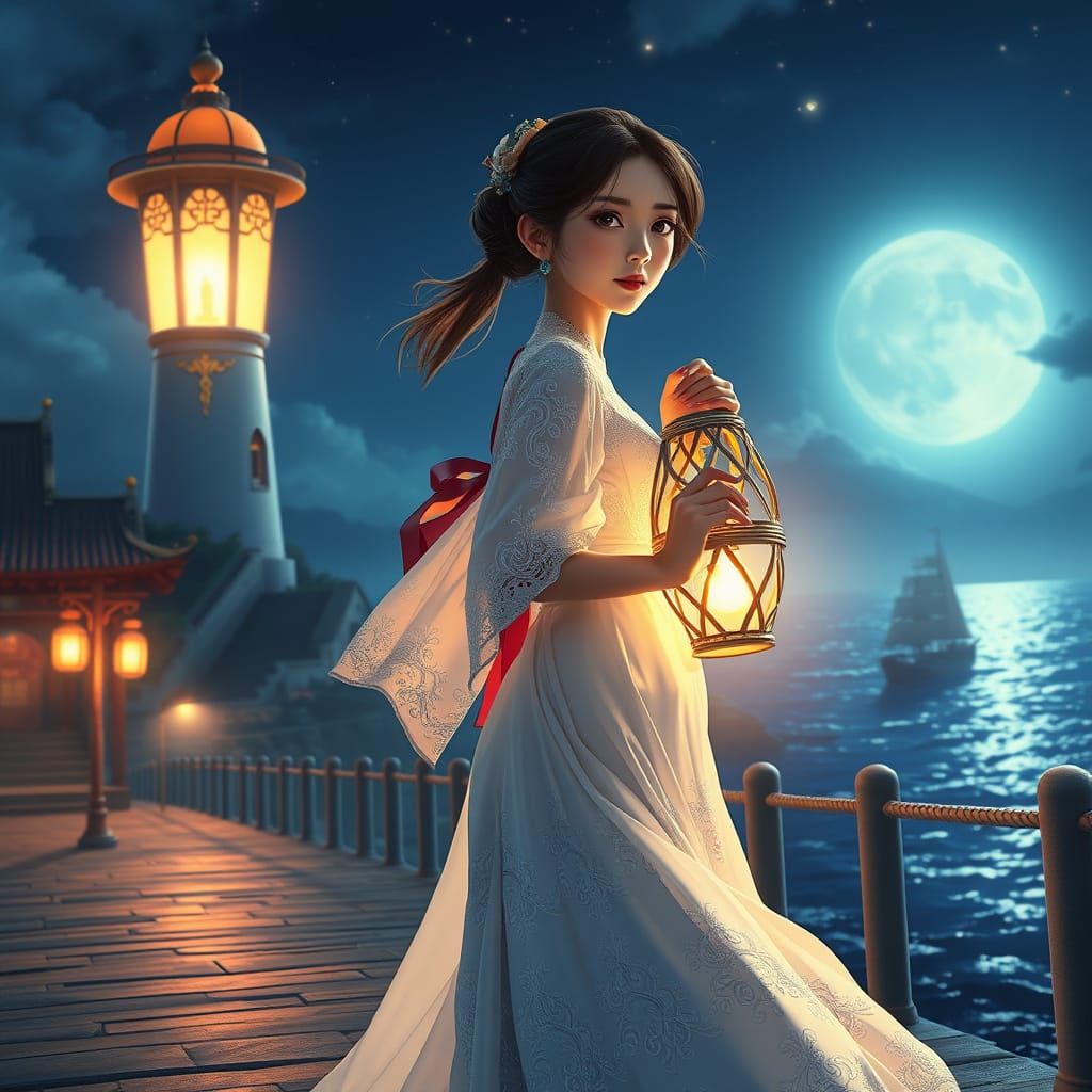 Asian Woman with Lantern in Coastal Town