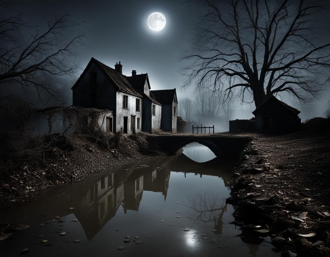 Moonlit Haunted Village Photograph with Spectral Figure