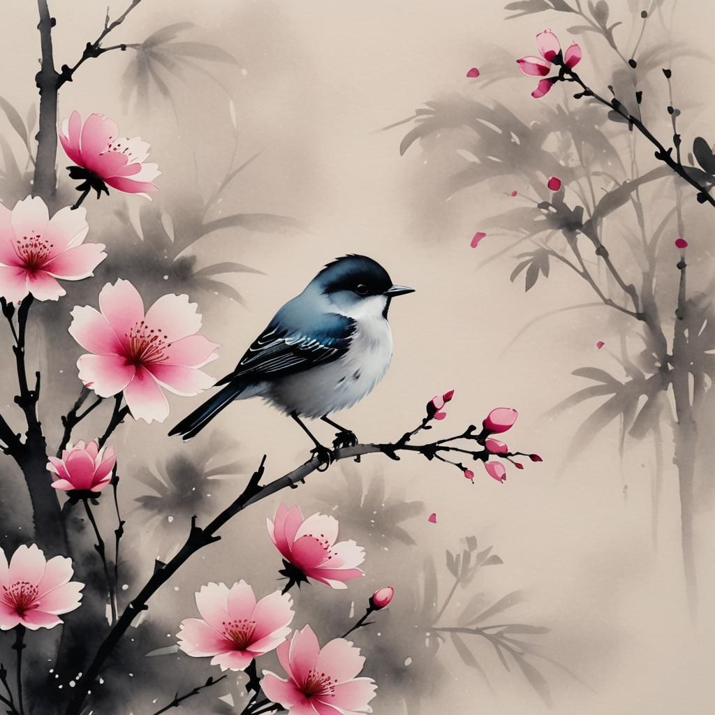 Bird with Pink Flower in Chinese Ink Painting