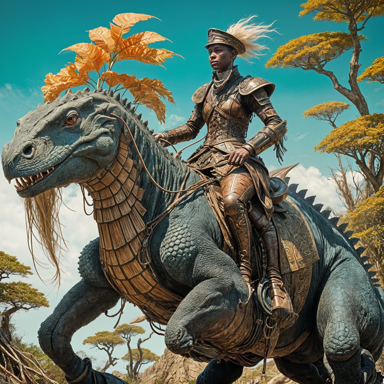 Magic Druid on Komodo Golem, Afrofuturistic Concept Art