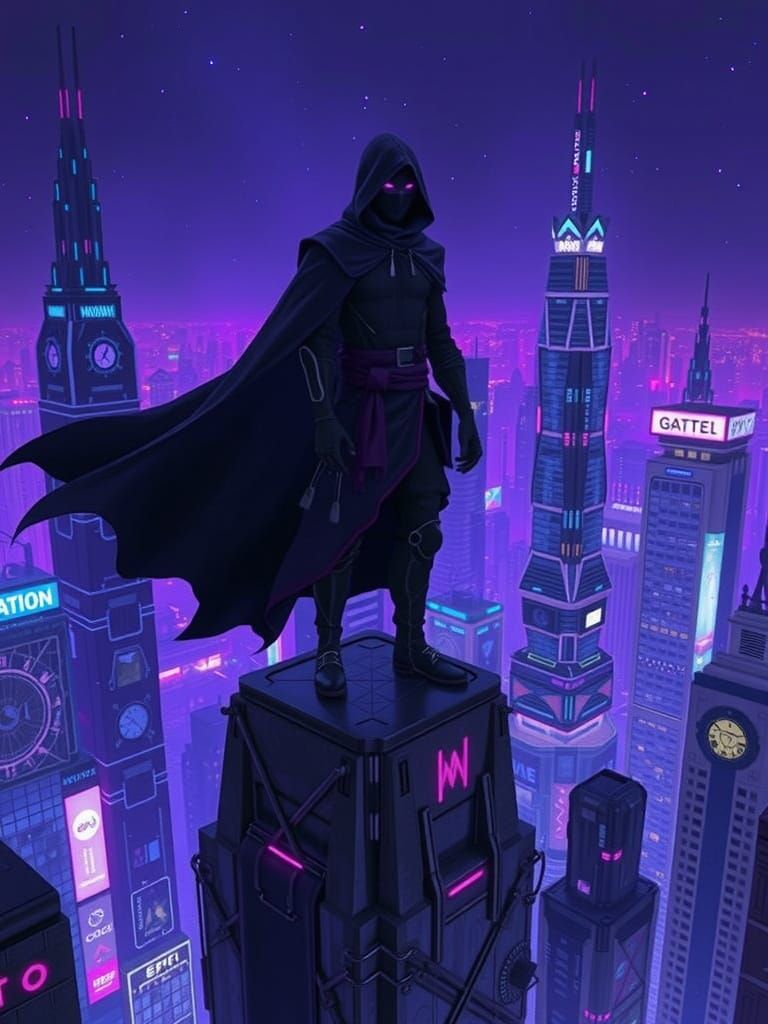Ninja Warrior Surveys Cyberpunk City with Astral Aura