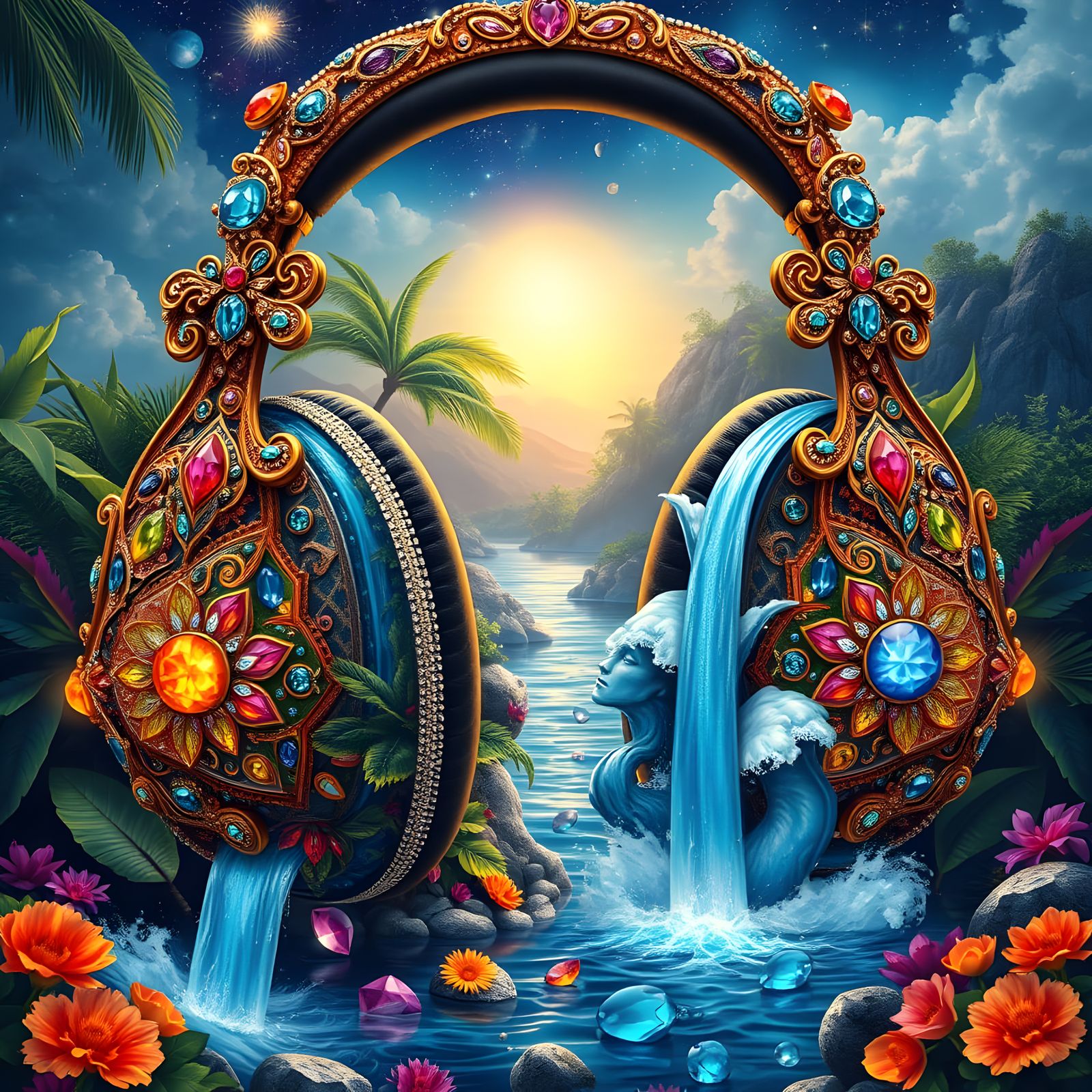 Bejeweled Headphones with Celestial Waterfalls