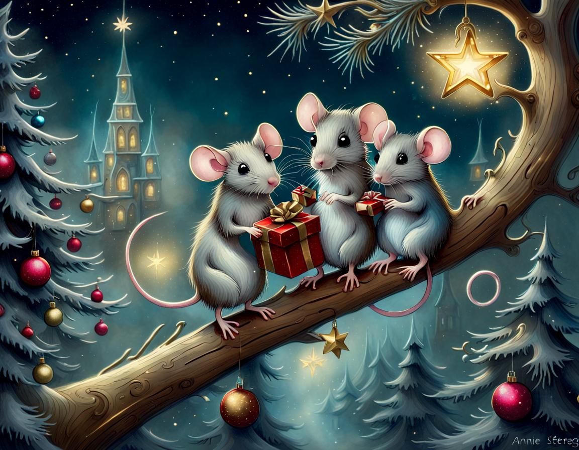 Magical Christmas Scene with Mice Exchanging Gifts