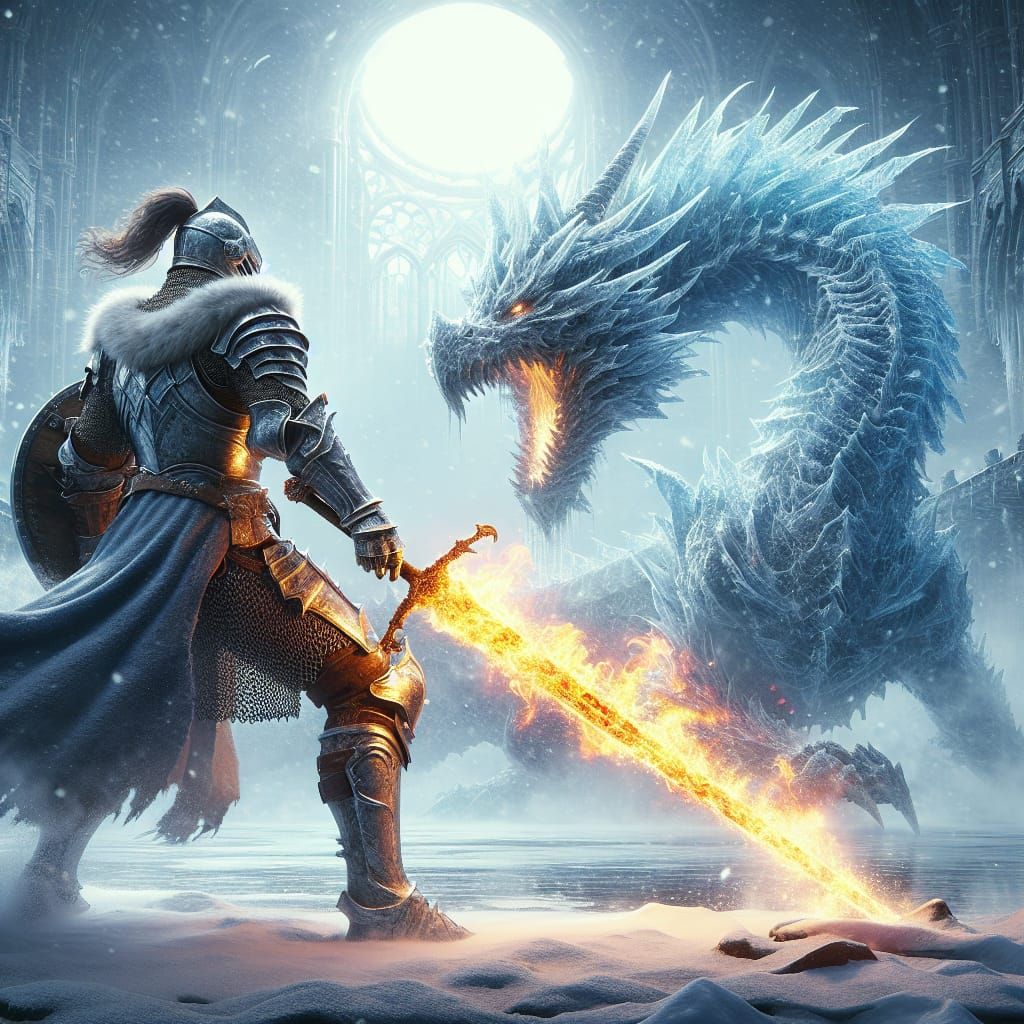 Knight in Intense Winter Combat with Ice Dragon