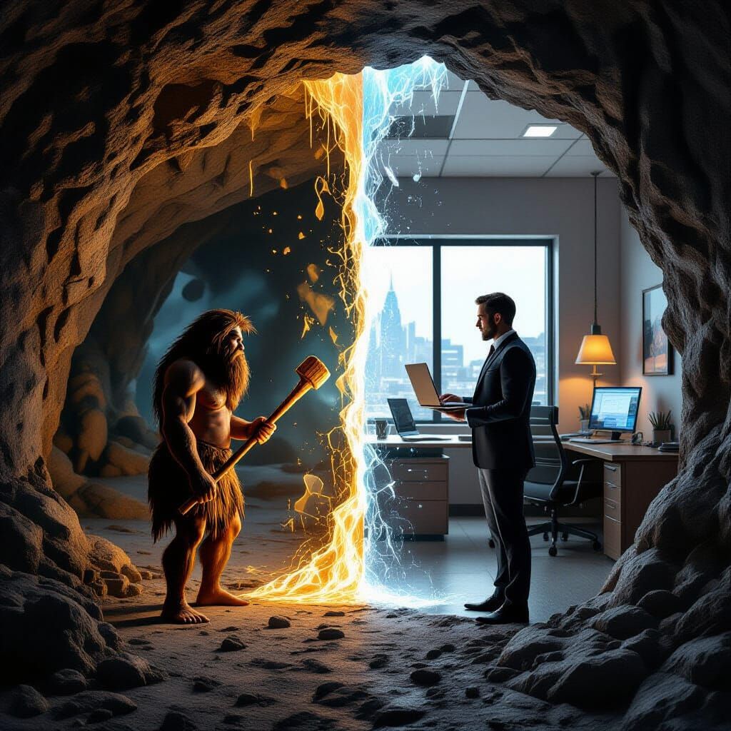 Caveman vs Businessman: Split Screen Reality