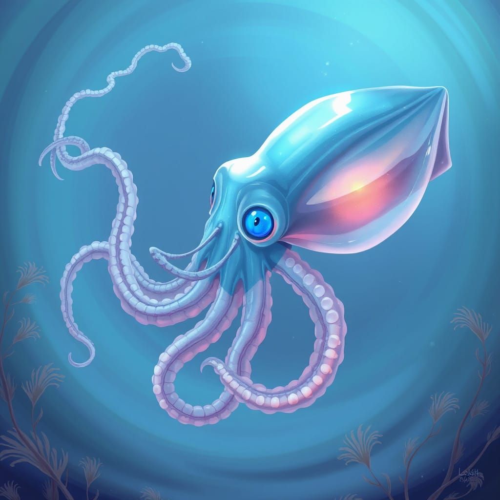 Majestic, Bioluminescent Squid in Dreamlike Underwater Scene
