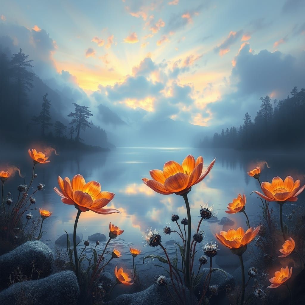 Dreamlike Flowers Bloom in Ancient Lake Dusk