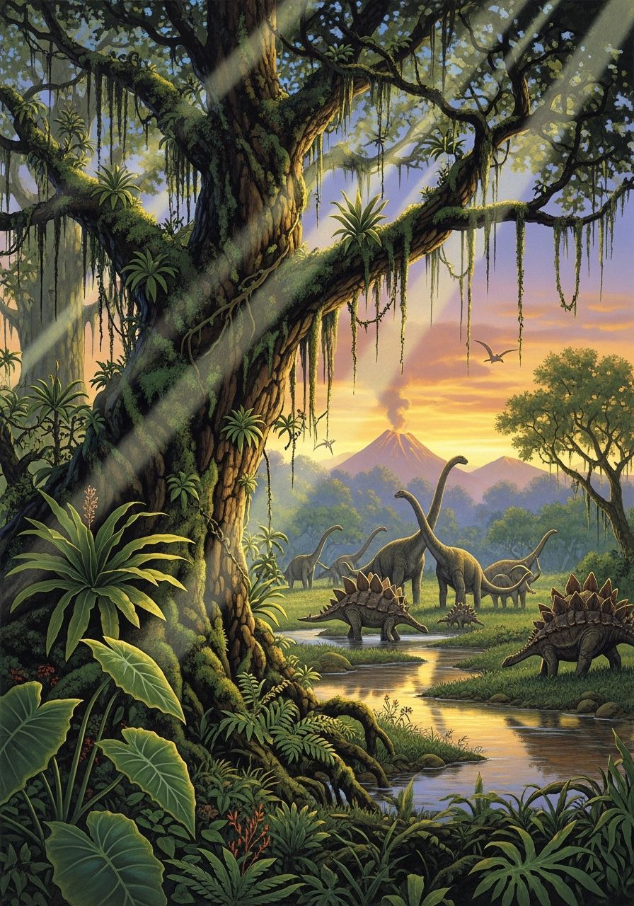 Prehistoric Jungle with Dinosaurs in Fantasy Art Style