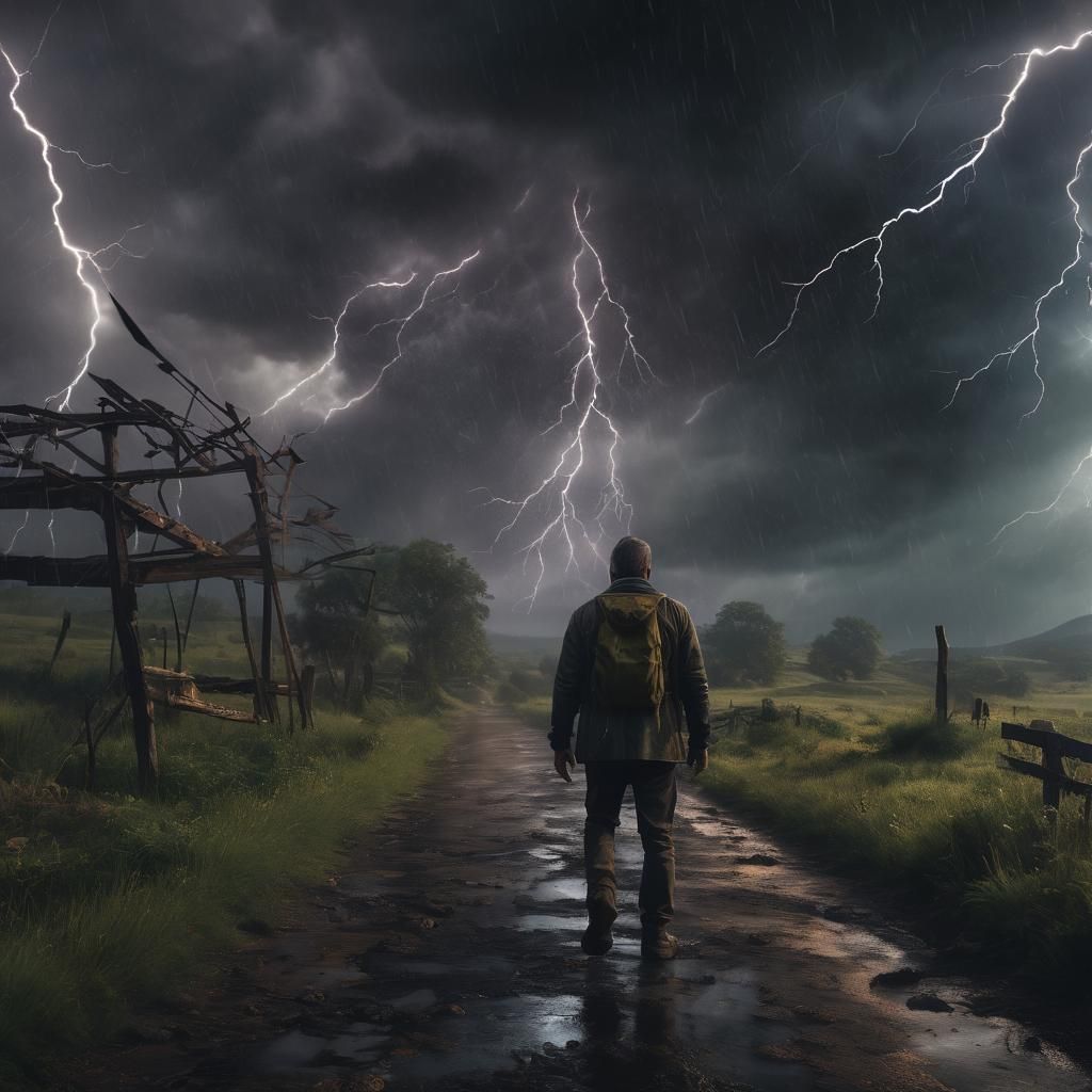 Man Walks Through Lightning Storm: Digital Matte Painting