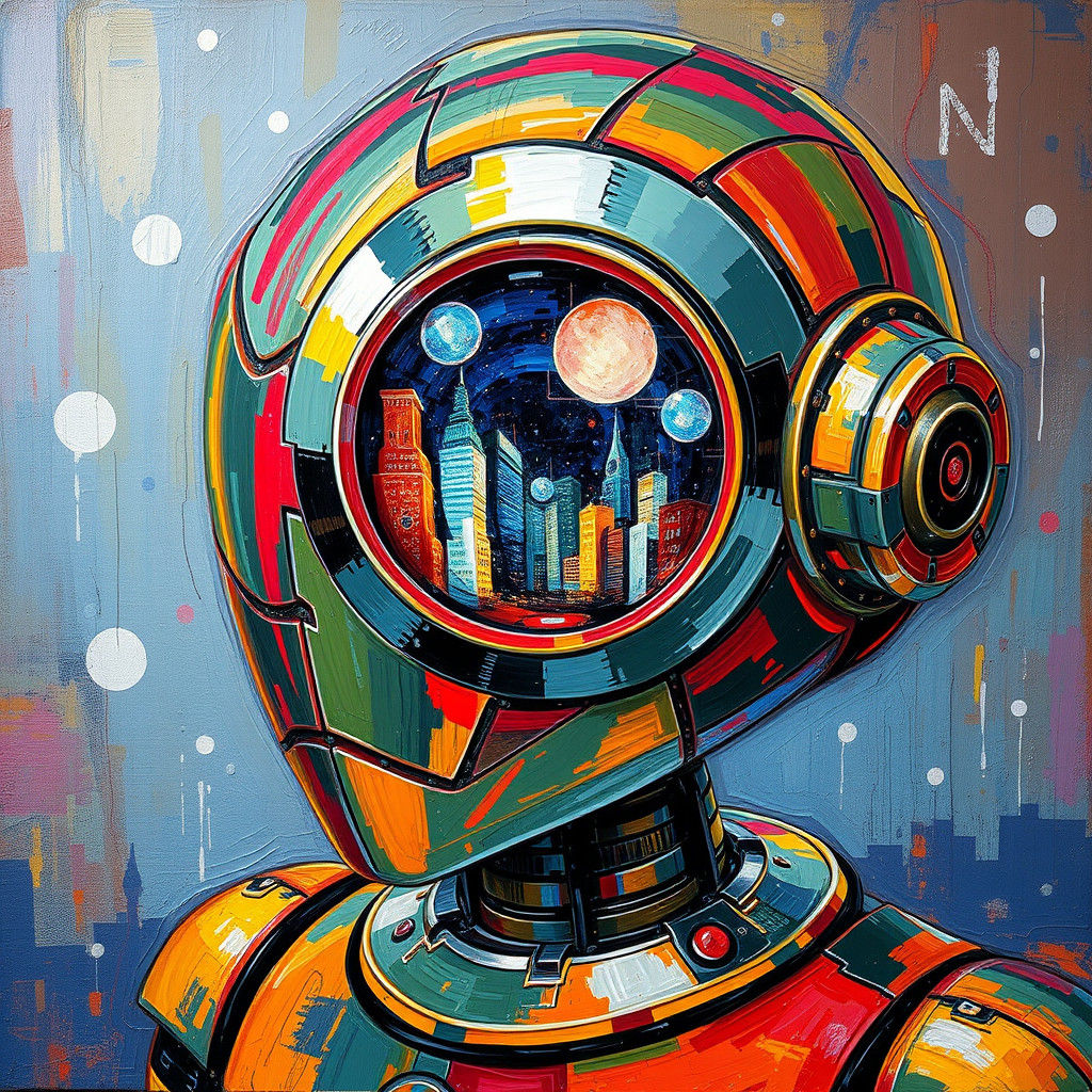 Robot Eye Reflecting Neo-Impressionist Cityscape