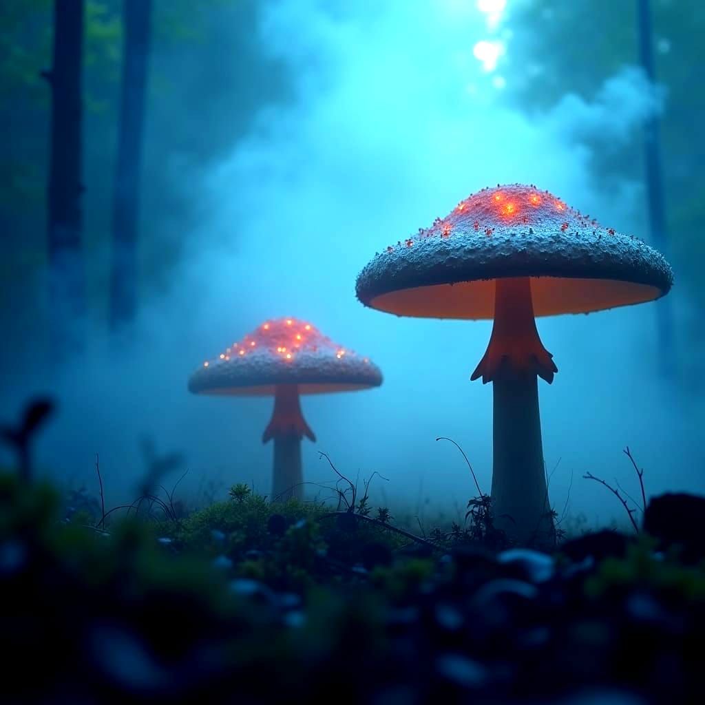 Ethereal Mushrooms Silhouetted in Swirling Mist
