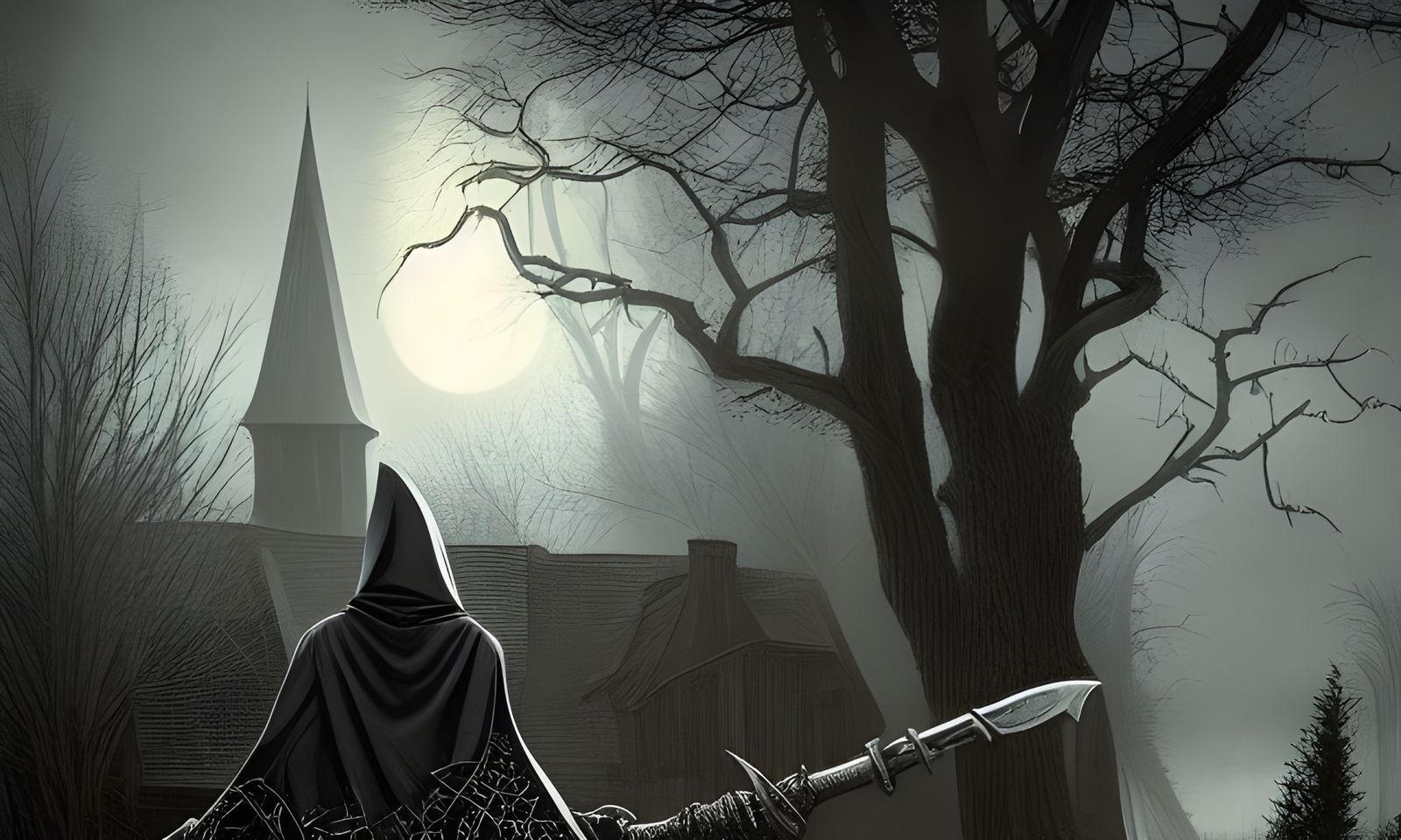 Hooded Grim Reaper in Ominous Moonlight