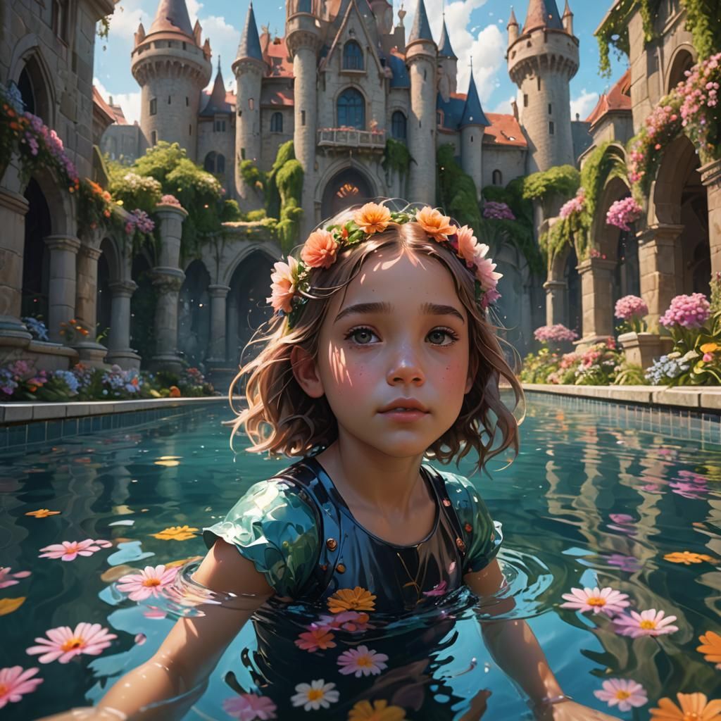 Magical Castle Pool Portrait in Digital Art Style