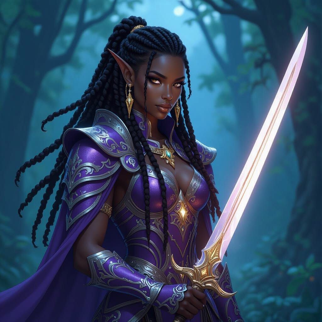 Elf Warrior in Moonlit Forest: Art Nouveau Digital Painting