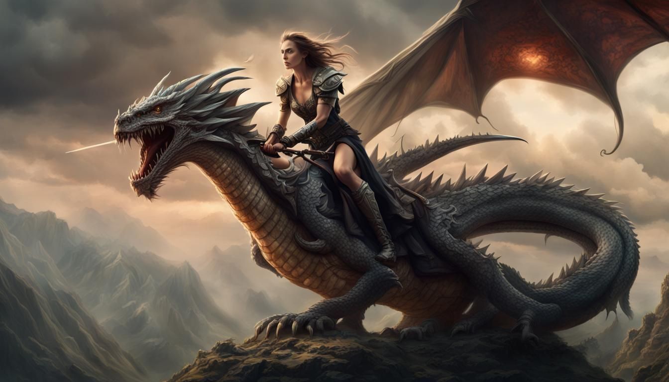 Epic Female Warrior Rides a Dragon
