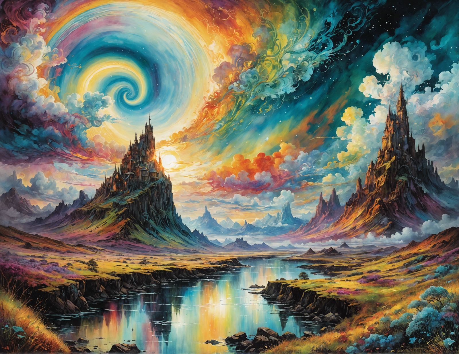 Iridescent Sky Landscape in Watercolor Style