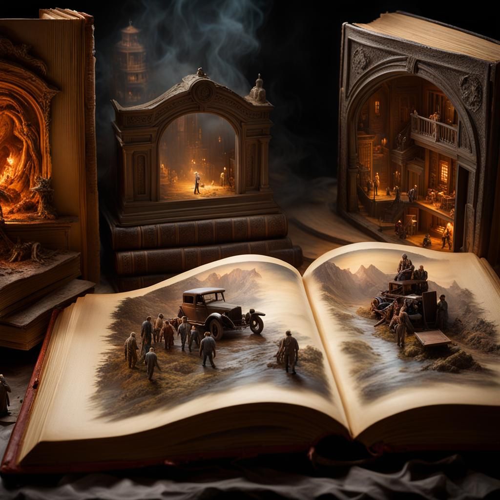 Miniature Horror Movie World Emerging From Book