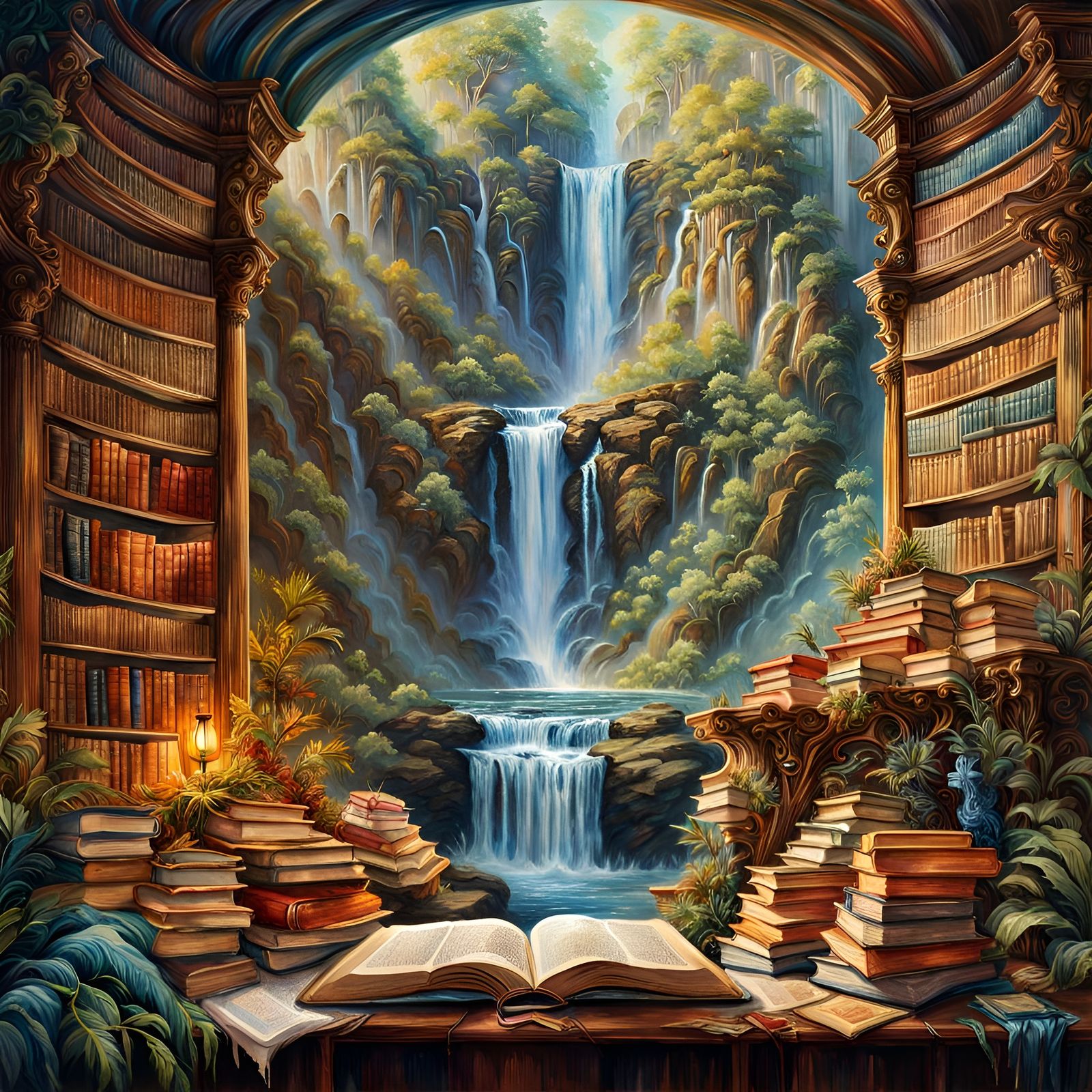 Waterfall Library: An Epic Gouache and Watercolor Painting