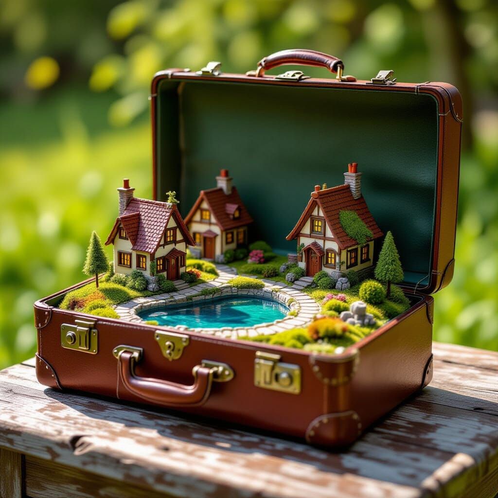 Miniature Cottagecore Village Inside Vintage Suitcase