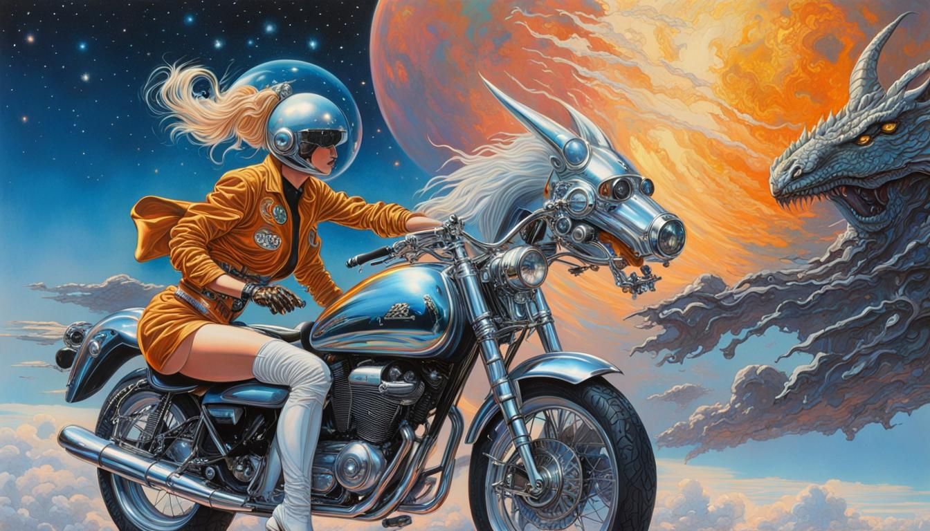 Chrome Dragon Rider in Retro Sci-Fi Style