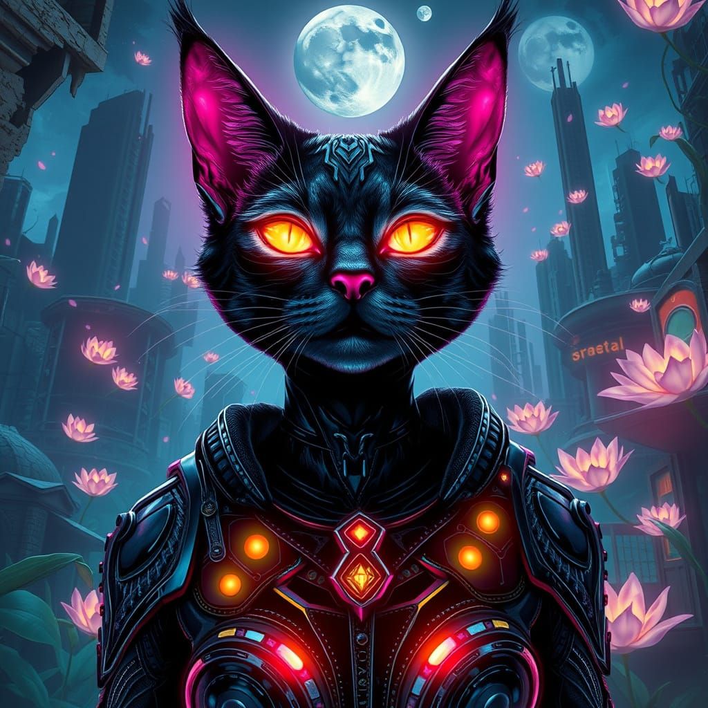 Cat-Goddess Ascends in a Neon Cyberpunk Jungle