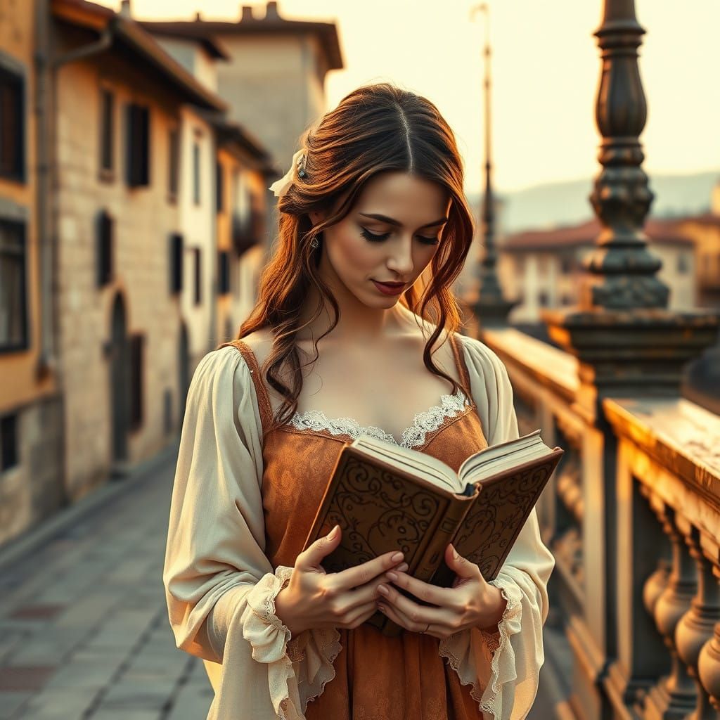 Renaissance Woman Honors Leonardo on Ponte Vecchio in Warm T...