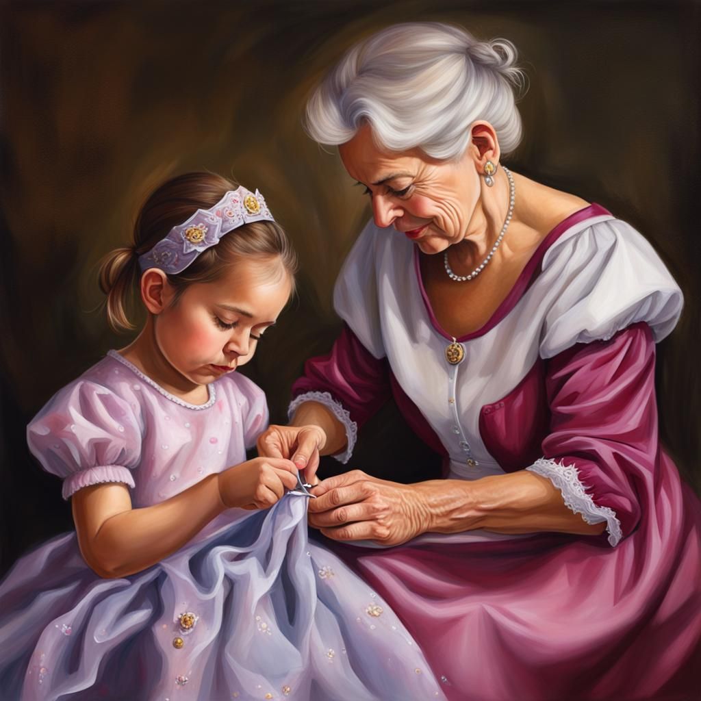 Grandmother Sewing Princess Costumes: A Realistic Painting