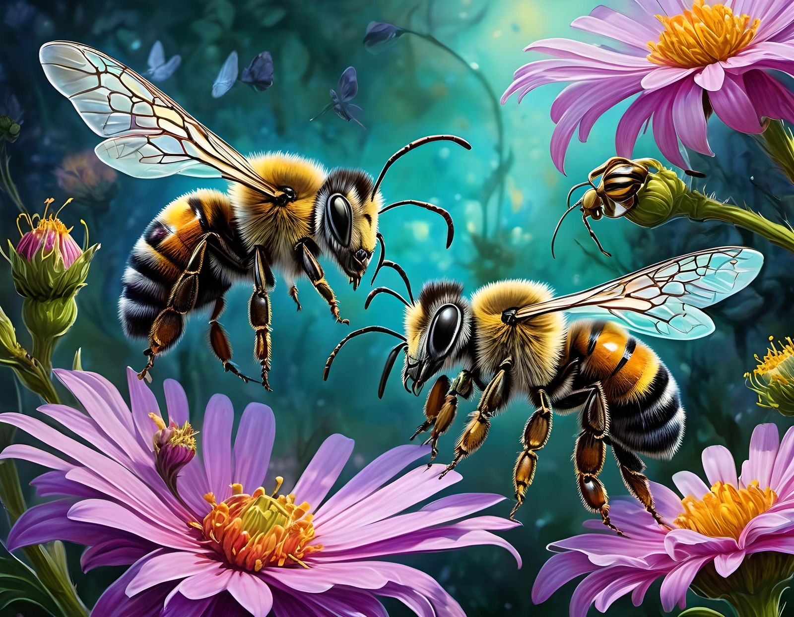 Bees on Flower: Detailed Digital Art