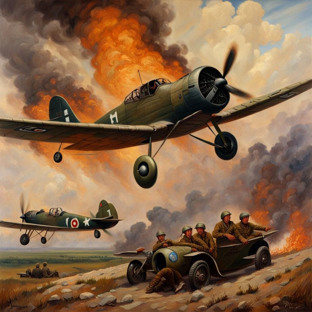 WWII Medic and Soldiers Over Burning Battlefield