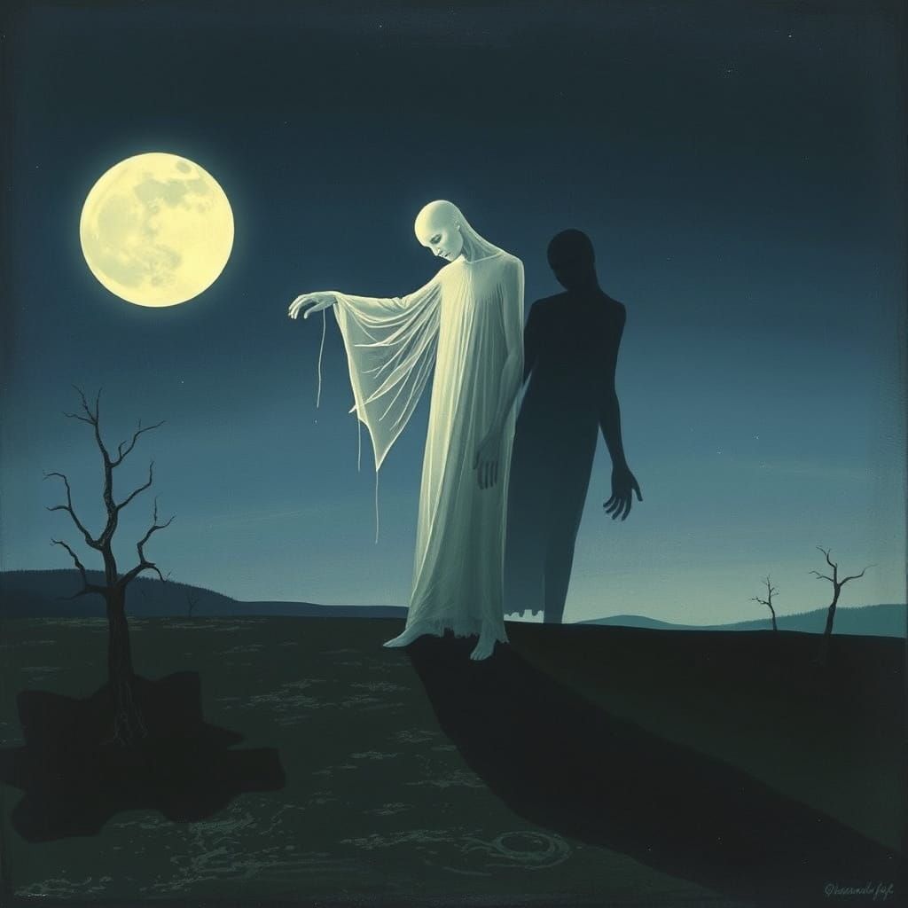 Ethereal Ghost Casting a Distorted Shadow in Moonlight