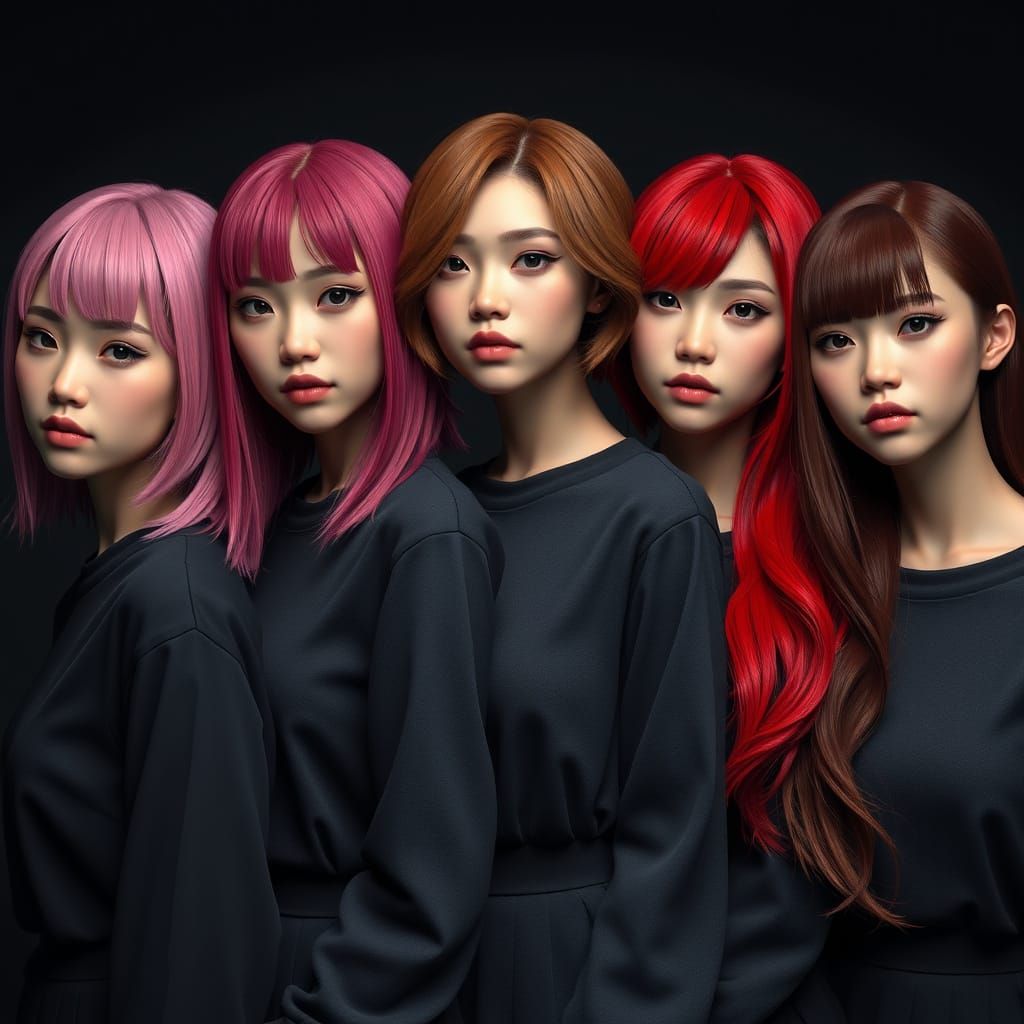 Twin Sisters in Dramatic Group Portrait with Hyper-Realistic...