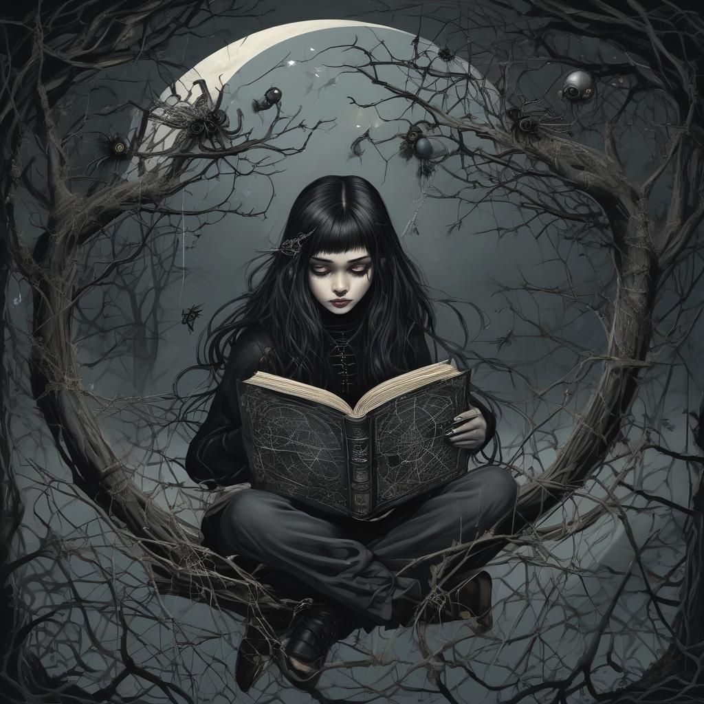 Gothic Girl Reading Book in Spooky Setting