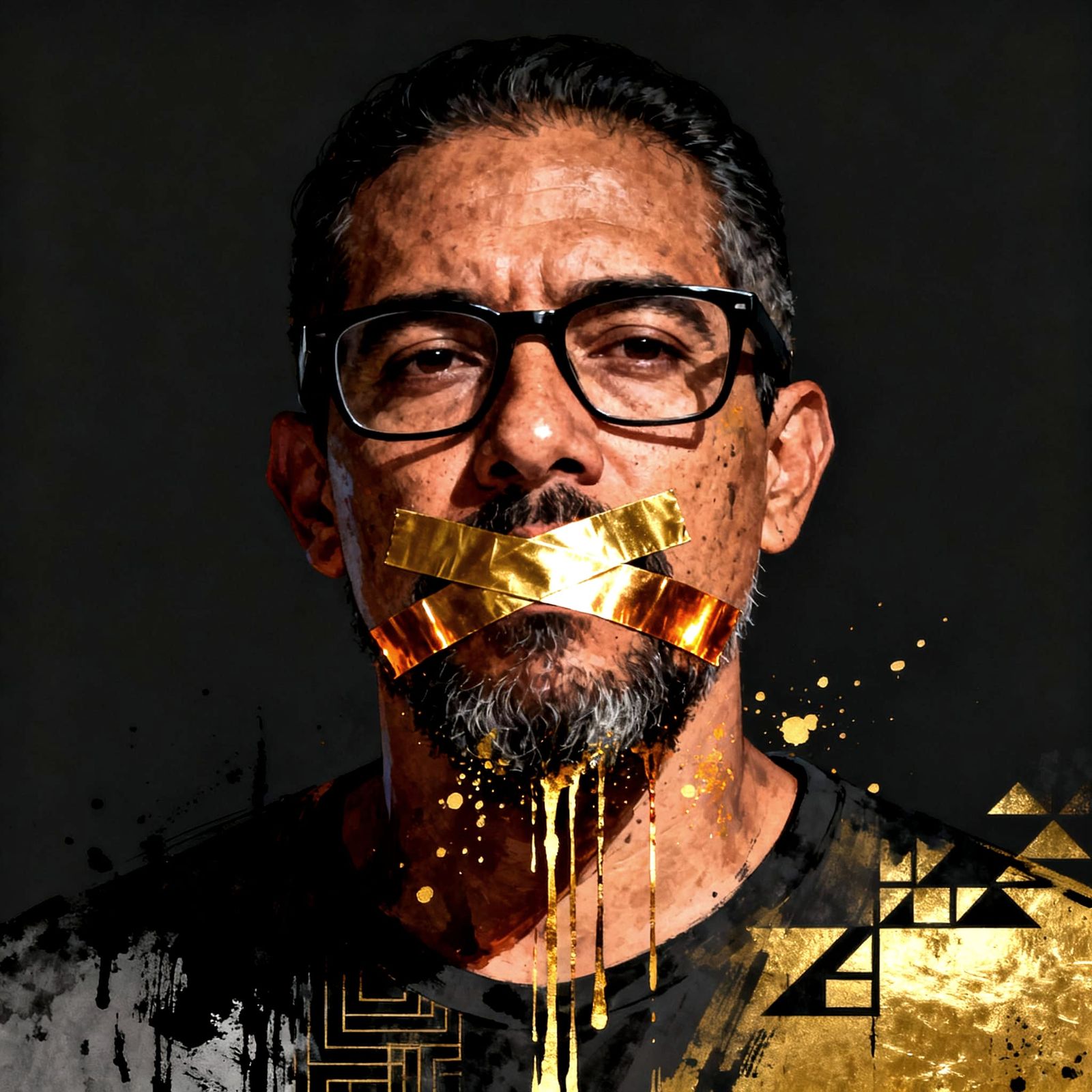 Punk Collage Portrait: Man Silenced by Golden Tape