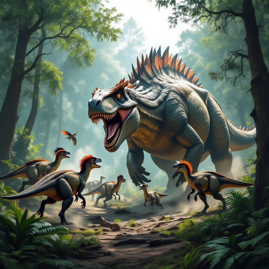 Deinonychus Pack Hunting a Hadrosaur: Prehistoric Scene