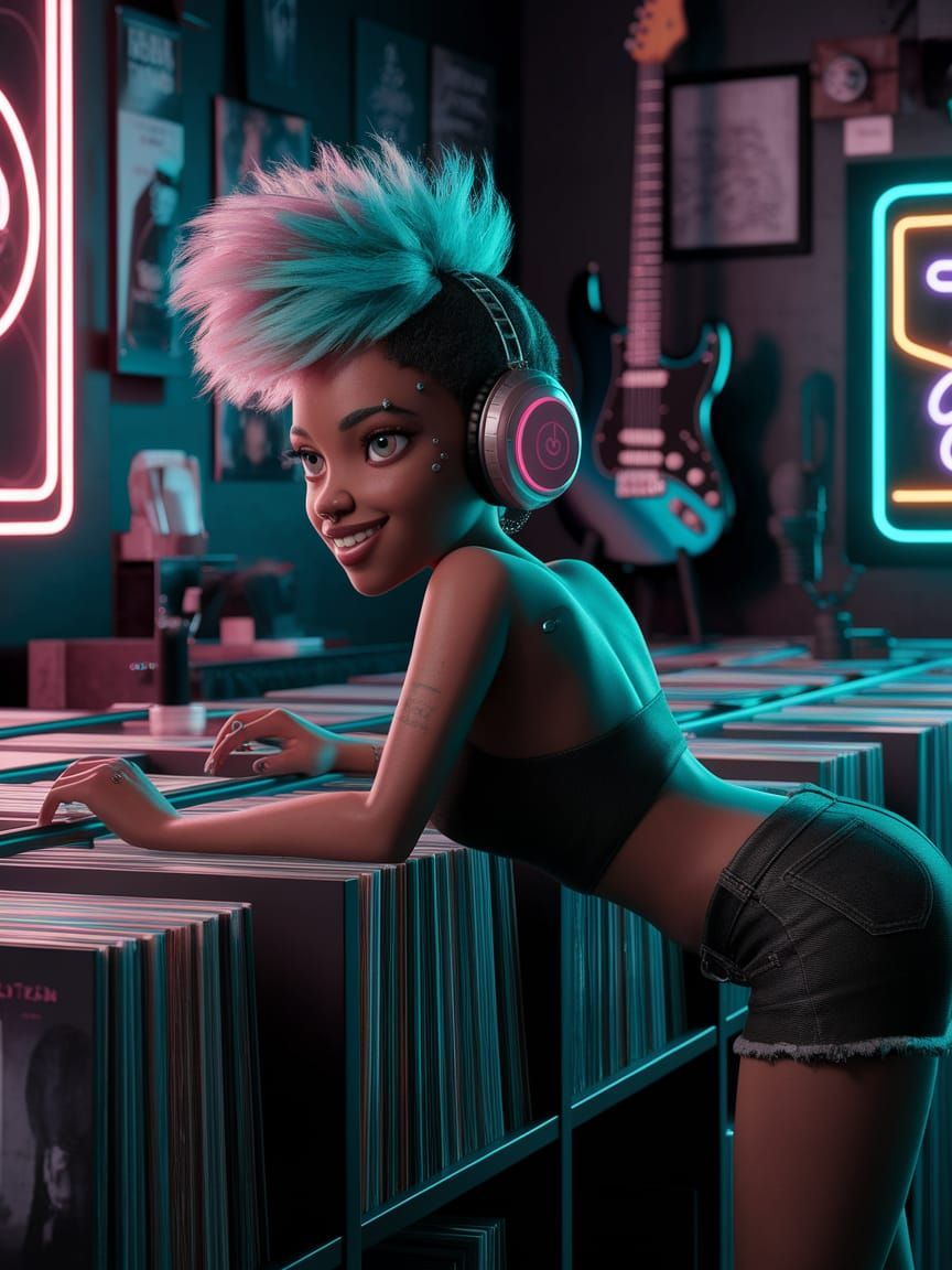 Punk Rock Woman in Record Store, Pixar Style