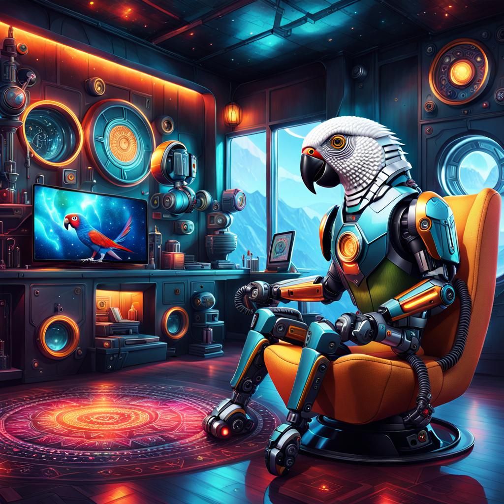 Aetherpunk cute realistic Cyborg pet Parrot Robot in a  comfy futuristic house playing with a small girls , combination ...