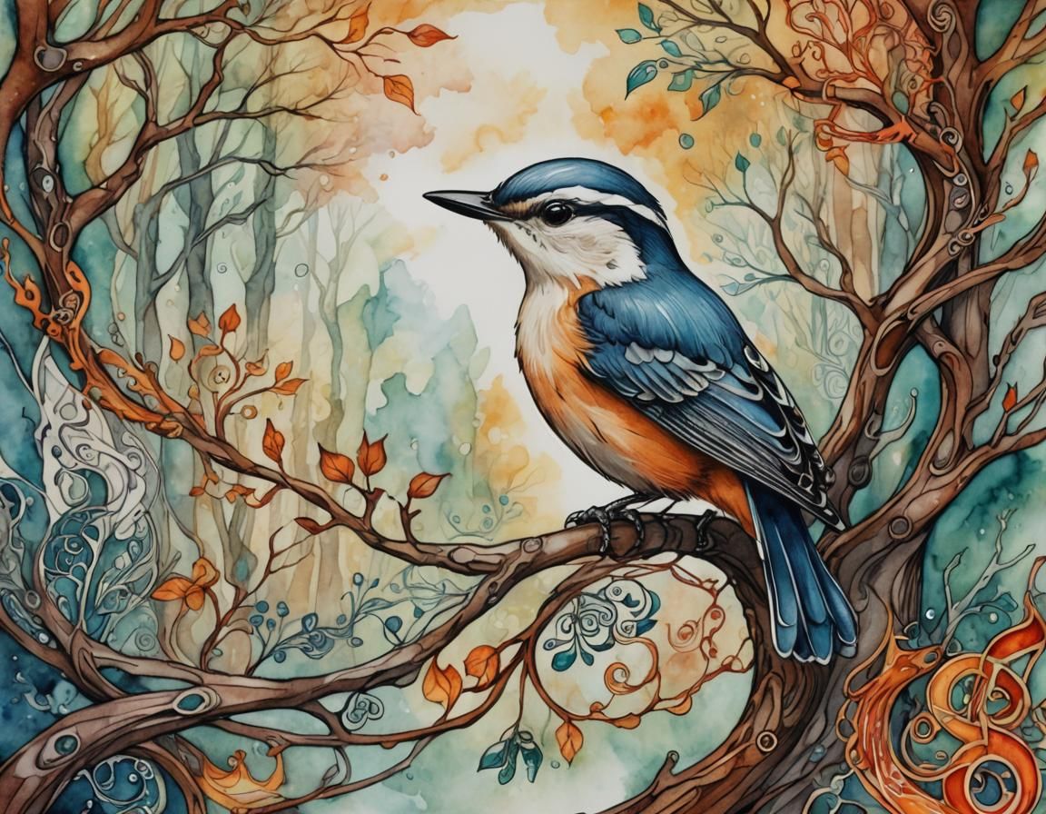 Celtic Nuthatch in Forest, Watercolor Ink Art