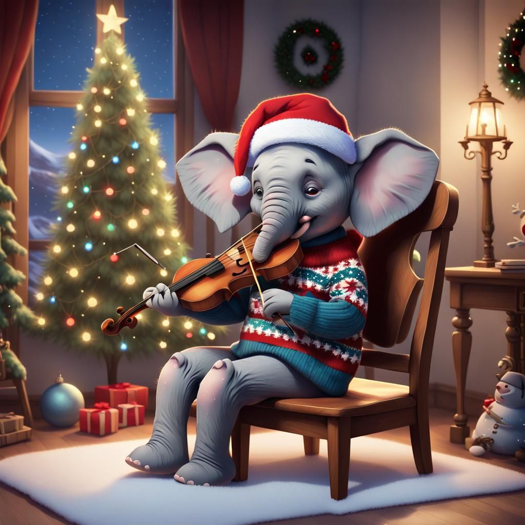 Cute Christmas Elephant Plays Violin, Pixar Style