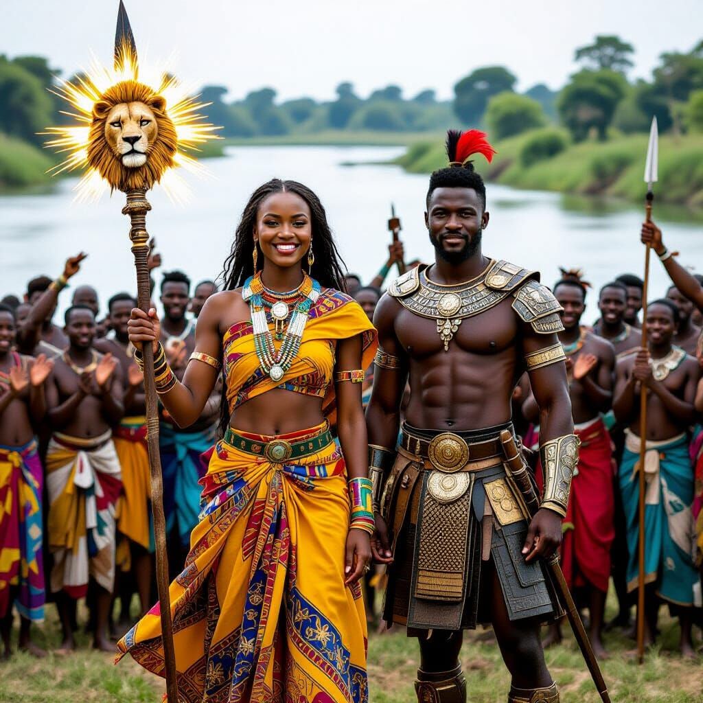 African Queen Leads Warriors by River in Digital Painting
