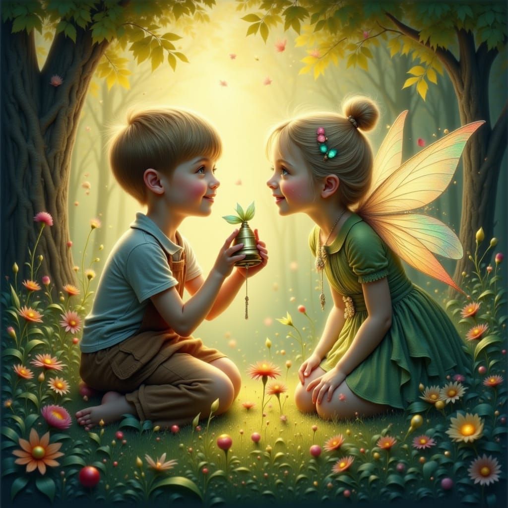 Boy Rings Bell For Fairy With Iridescent Wings