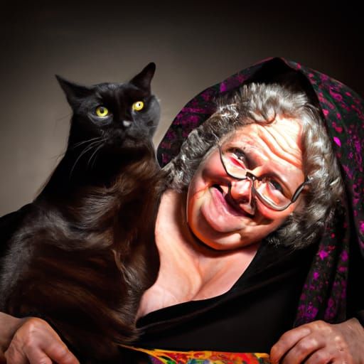 Festive Witch Dances with One-Eyed Cat