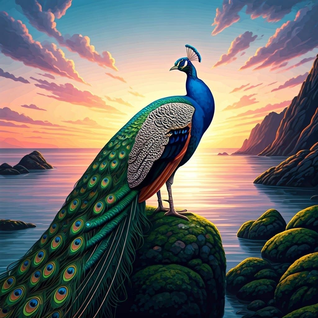 Peacock in Emerald and Gold at Sunset